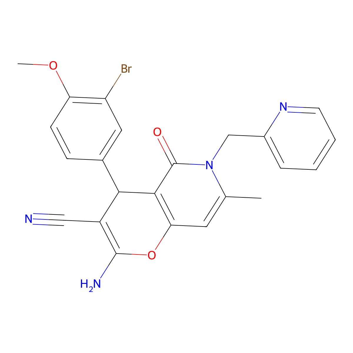 2-amino-4-(3-bromo-4-methoxyphenyl)-7-methyl-5-oxo-6-(pyridin-2-ylmethyl)-5,6-dihydro-4H-pyrano[3,2-c]pyridine-3-carbonitrile molecular structure, CAS 758700-74-2