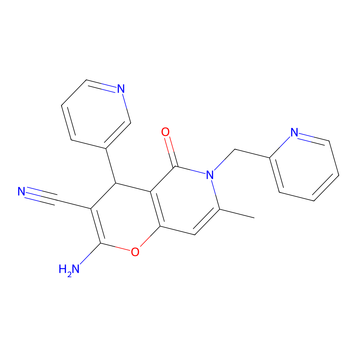 2-amino-7-methyl-5-oxo-4-(pyridin-3-yl)-6-(pyridin-2-ylmethyl)-5,6-dihydro-4H-pyrano[3,2-c]pyridine-3-carbonitrile molecular structure, CAS 758700-78-6