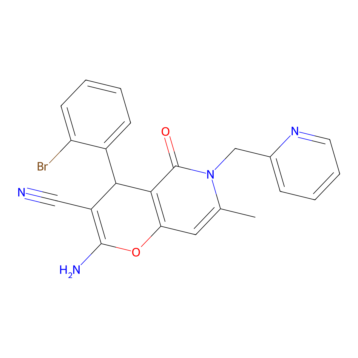 2-amino-4-(2-bromophenyl)-7-methyl-5-oxo-6-(pyridin-2-ylmethyl)-5,6-dihydro-4H-pyrano[3,2-c]pyridine-3-carbonitrile molecular structure, CAS 758700-80-0