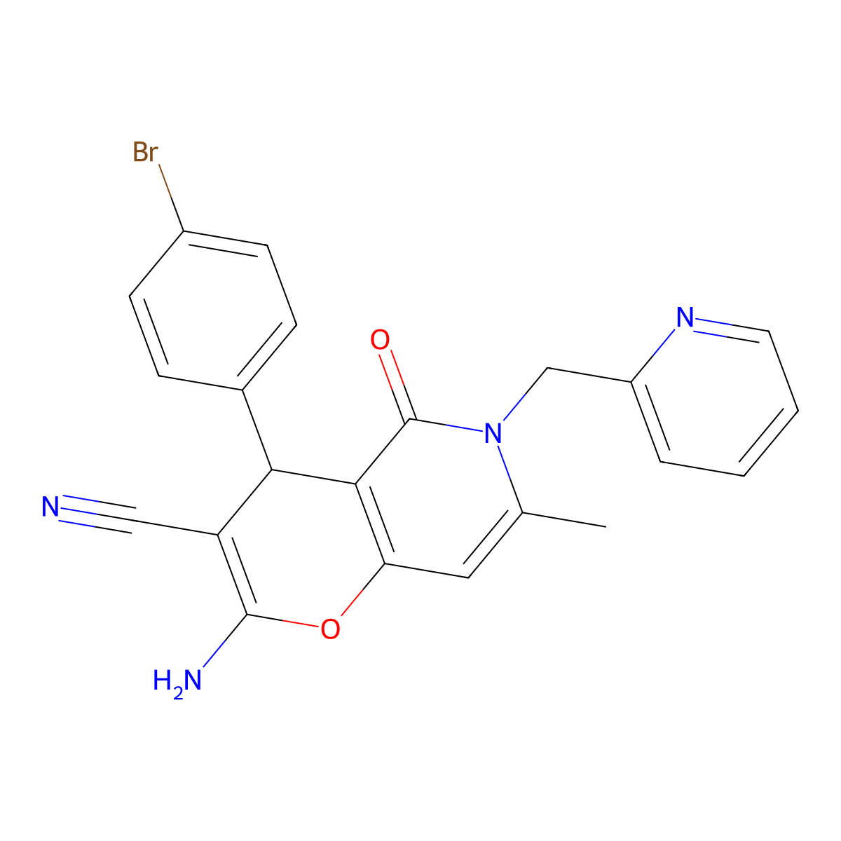 2-amino-4-(4-bromophenyl)-7-methyl-5-oxo-6-(pyridin-2-ylmethyl)-5,6-dihydro-4H-pyrano[3,2-c]pyridine-3-carbonitrile molecular structure, CAS 758700-82-2