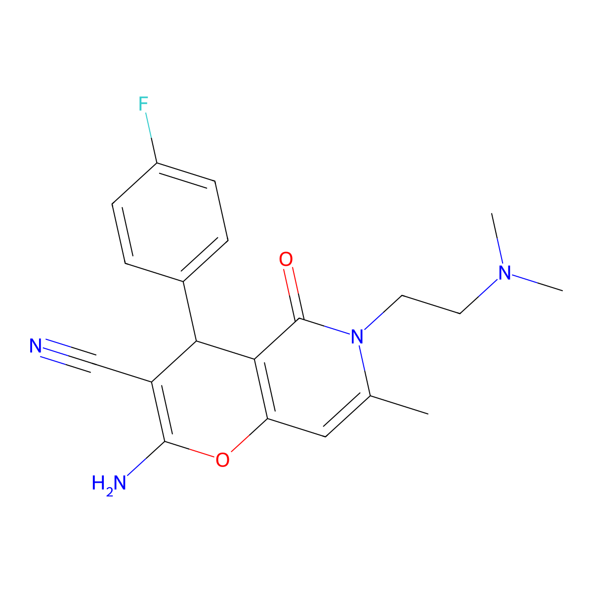2-amino-6-(2-(dimethylamino)ethyl)-4-(4-fluorophenyl)-7-methyl-5-oxo-5,6-dihydro-4H-pyrano[3,2-c]pyridine-3-carbonitrile molecular structure, CAS 758700-98-0
