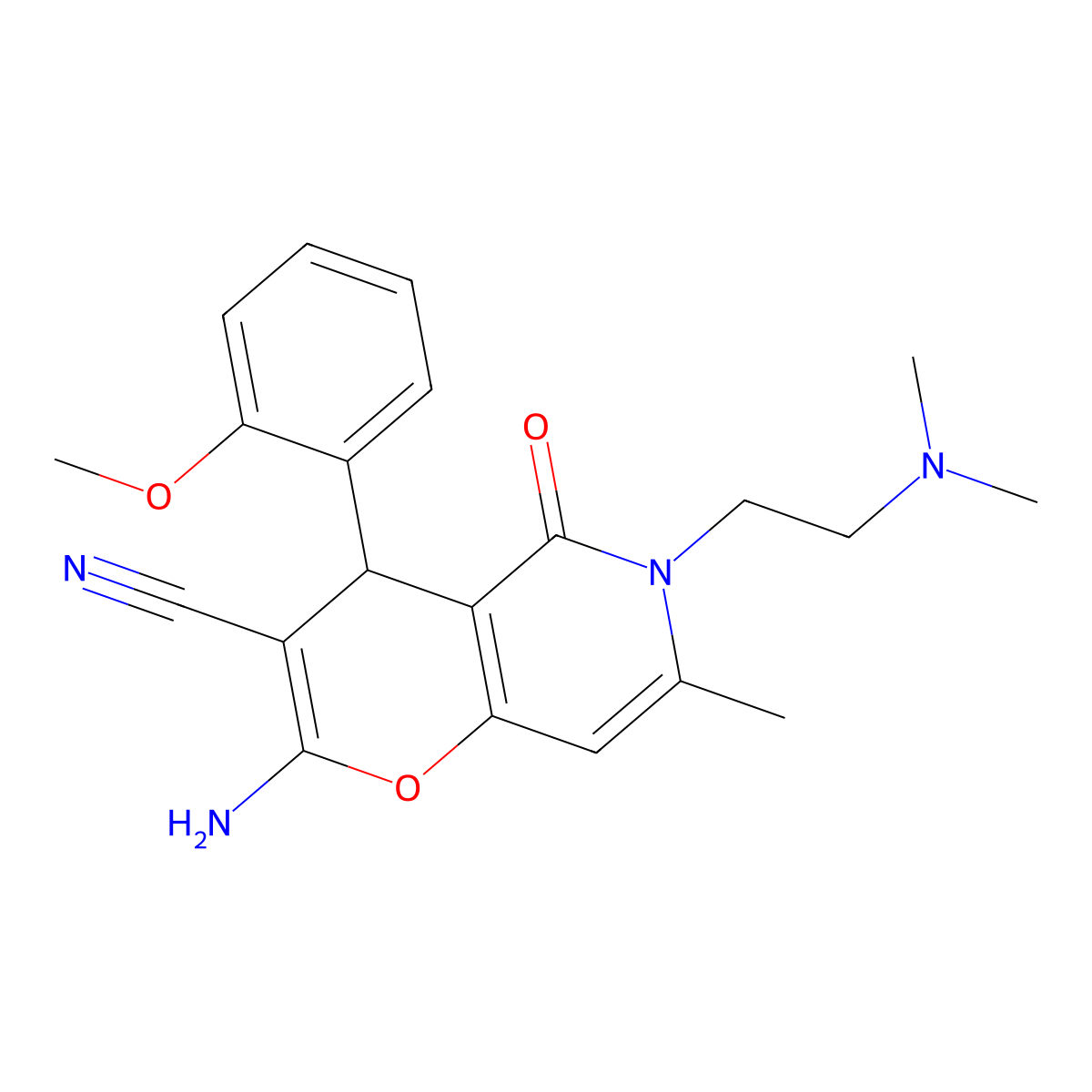 2-amino-6-(2-(dimethylamino)ethyl)-4-(2-methoxyphenyl)-7-methyl-5-oxo-5,6-dihydro-4H-pyrano[3,2-c]pyridine-3-carbonitrile molecular structure, CAS 758701-02-9