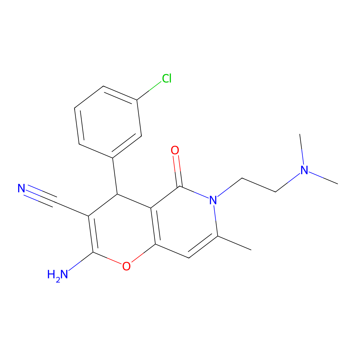 2-amino-4-(3-chlorophenyl)-6-(2-(dimethylamino)ethyl)-7-methyl-5-oxo-5,6-dihydro-4H-pyrano[3,2-c]pyridine-3-carbonitrile molecular structure, CAS 758701-10-9
