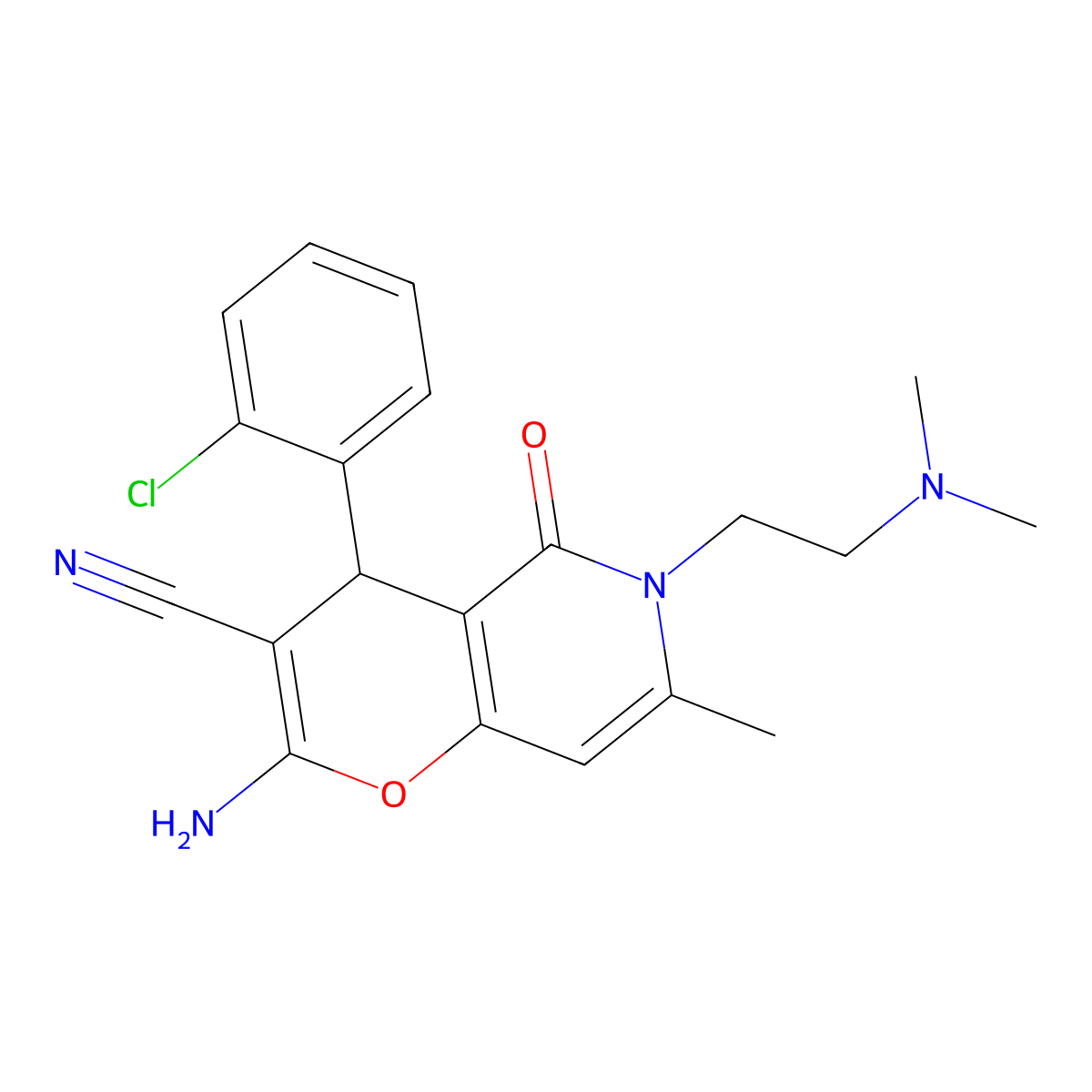 2-amino-4-(2-chlorophenyl)-6-(2-(dimethylamino)ethyl)-7-methyl-5-oxo-5,6-dihydro-4H-pyrano[3,2-c]pyridine-3-carbonitrile molecular structure, CAS 758701-14-3
