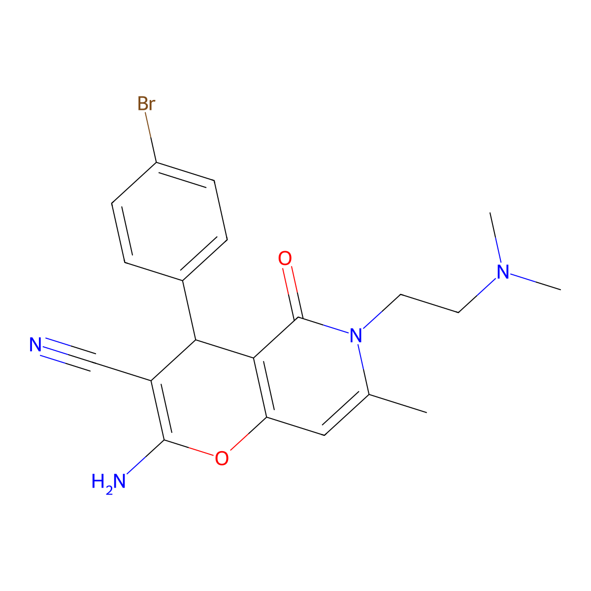2-amino-4-(4-bromophenyl)-6-(2-(dimethylamino)ethyl)-7-methyl-5-oxo-5,6-dihydro-4H-pyrano[3,2-c]pyridine-3-carbonitrile molecular structure, CAS 758701-18-7