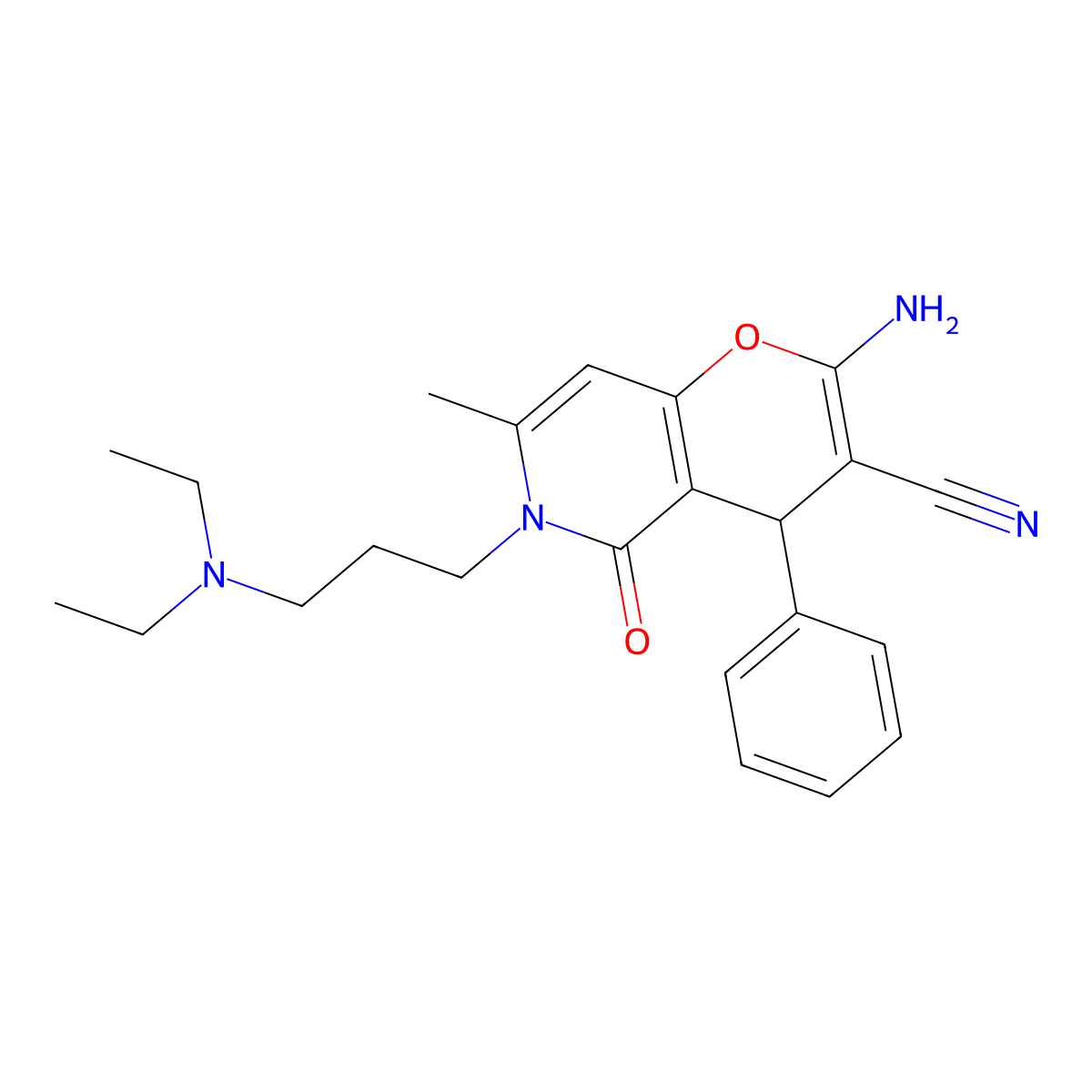 2-amino-6-(3-(diethylamino)propyl)-7-methyl-5-oxo-4-phenyl-5,6-dihydro-4H-pyrano[3,2-c]pyridine-3-carbonitrile molecular structure, CAS 758701-29-0