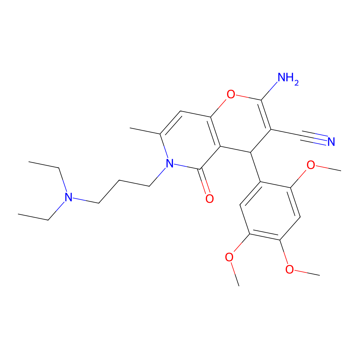 2-amino-6-(3-(diethylamino)propyl)-7-methyl-5-oxo-4-(2,4,5-trimethoxyphenyl)-5,6-dihydro-4H-pyrano[3,2-c]pyridine-3-carbonitrile molecular structure, CAS 758701-35-8