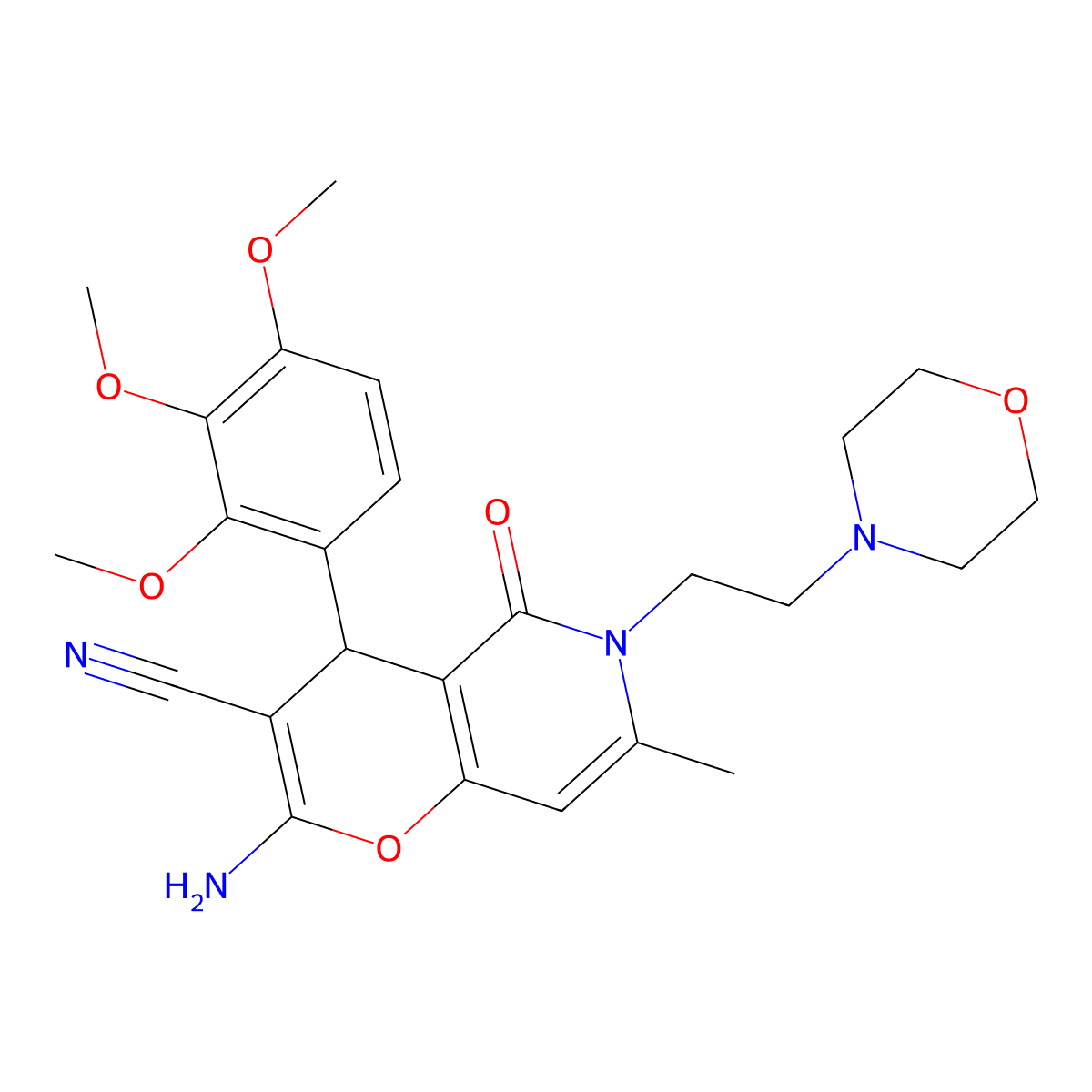 2-amino-7-methyl-6-(2-morpholinoethyl)-5-oxo-4-(2,3,4-trimethoxyphenyl)-5,6-dihydro-4H-pyrano[3,2-c]pyridine-3-carbonitrile molecular structure, CAS 758701-43-8