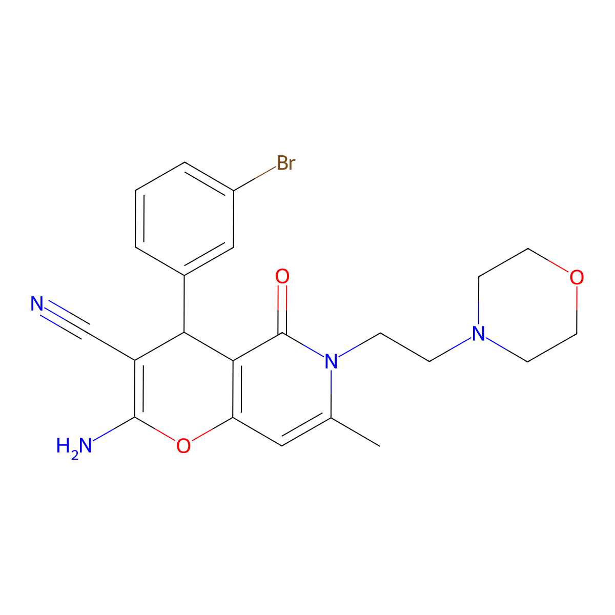 2-amino-4-(3-bromophenyl)-7-methyl-6-(2-morpholinoethyl)-5-oxo-5,6-dihydro-4H-pyrano[3,2-c]pyridine-3-carbonitrile molecular structure, CAS 758701-51-8