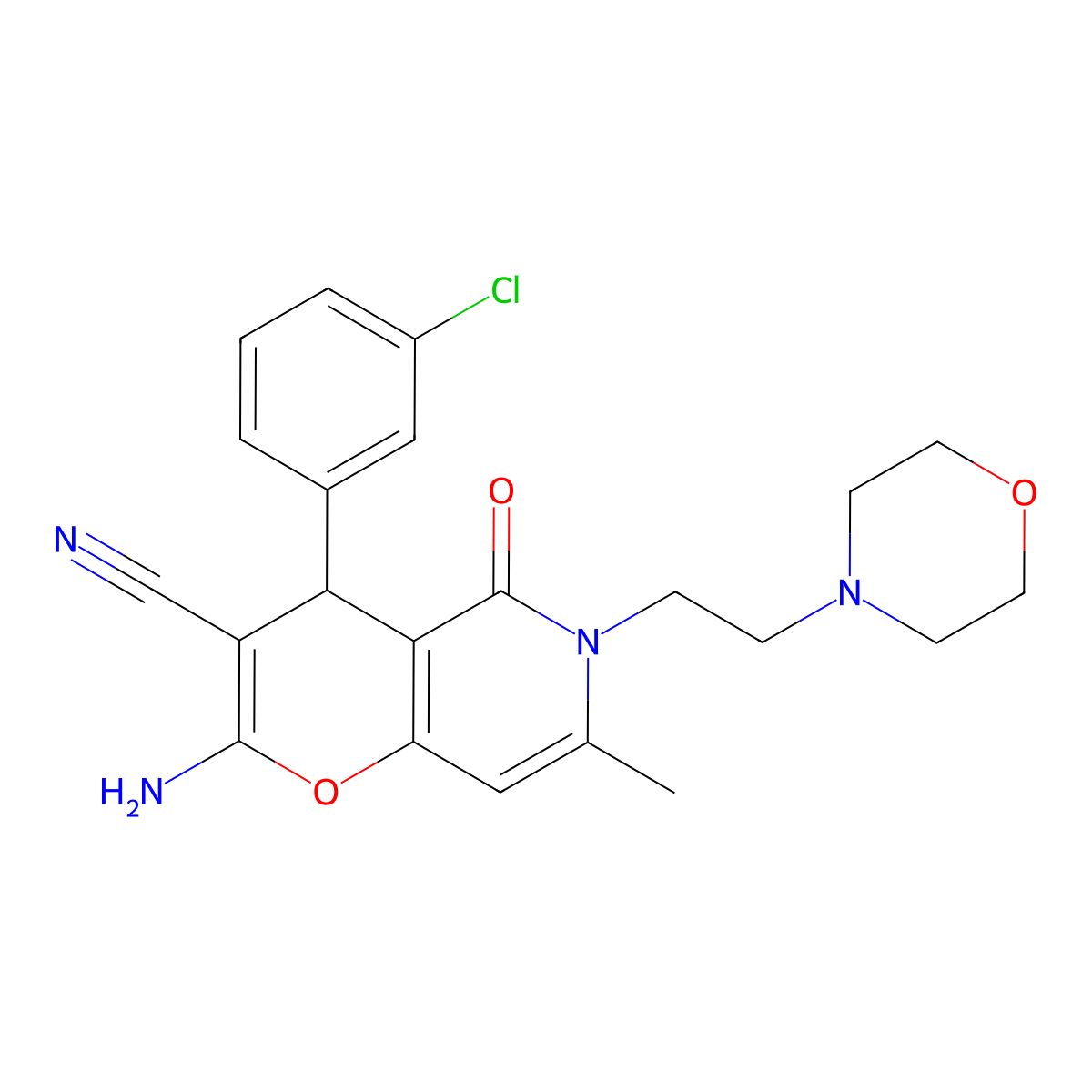 2-amino-4-(3-chlorophenyl)-7-methyl-6-(2-morpholinoethyl)-5-oxo-5,6-dihydro-4H-pyrano[3,2-c]pyridine-3-carbonitrile molecular structure, CAS 758701-53-0