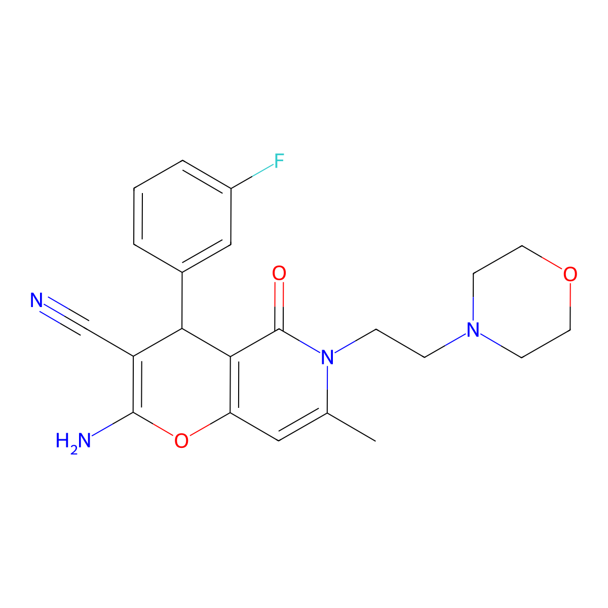 2-amino-4-(3-fluorophenyl)-7-methyl-6-(2-morpholinoethyl)-5-oxo-5,6-dihydro-4H-pyrano[3,2-c]pyridine-3-carbonitrile molecular structure, CAS 758701-55-2