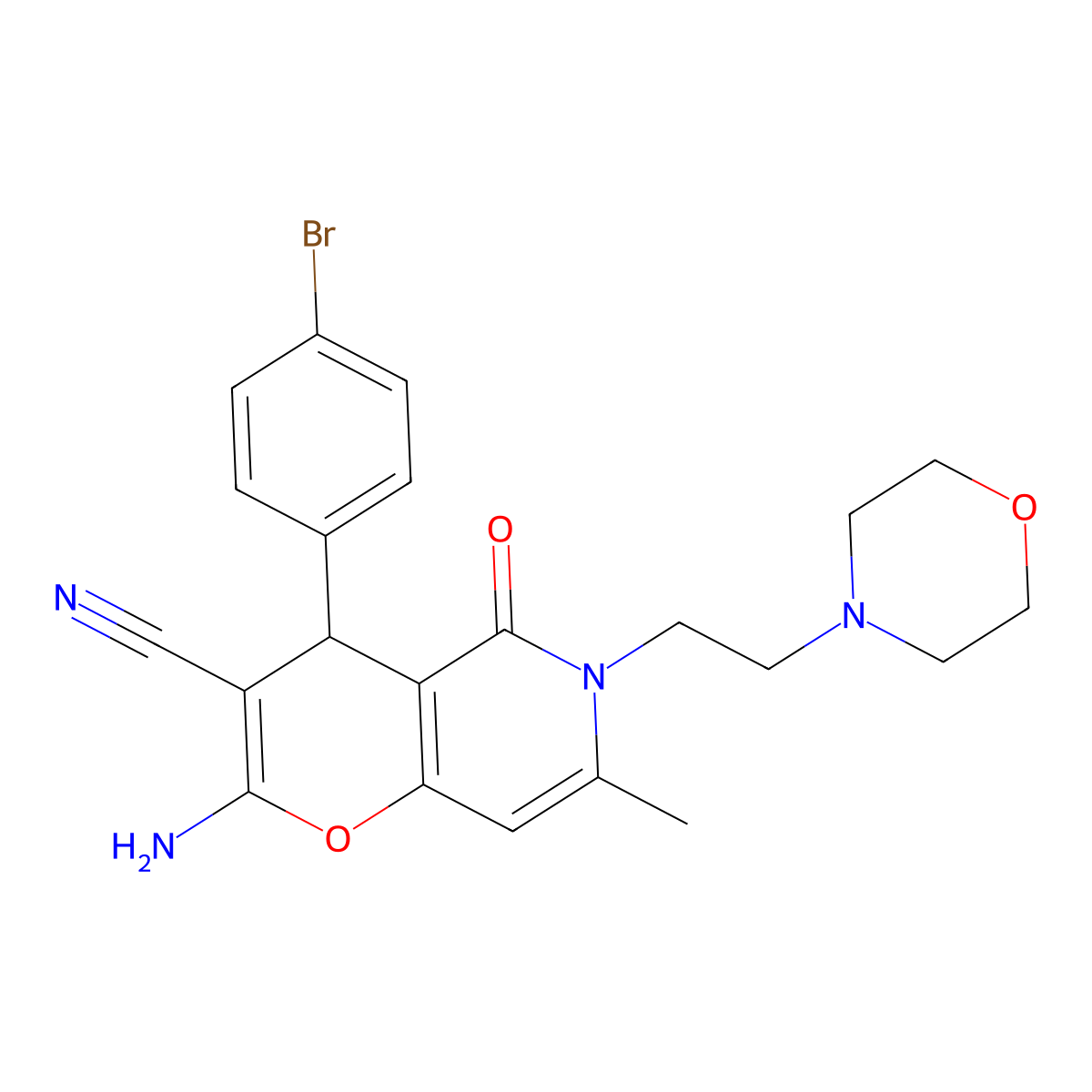2-amino-4-(4-bromophenyl)-7-methyl-6-(2-morpholinoethyl)-5-oxo-5,6-dihydro-4H-pyrano[3,2-c]pyridine-3-carbonitrile molecular structure, CAS 758701-57-4