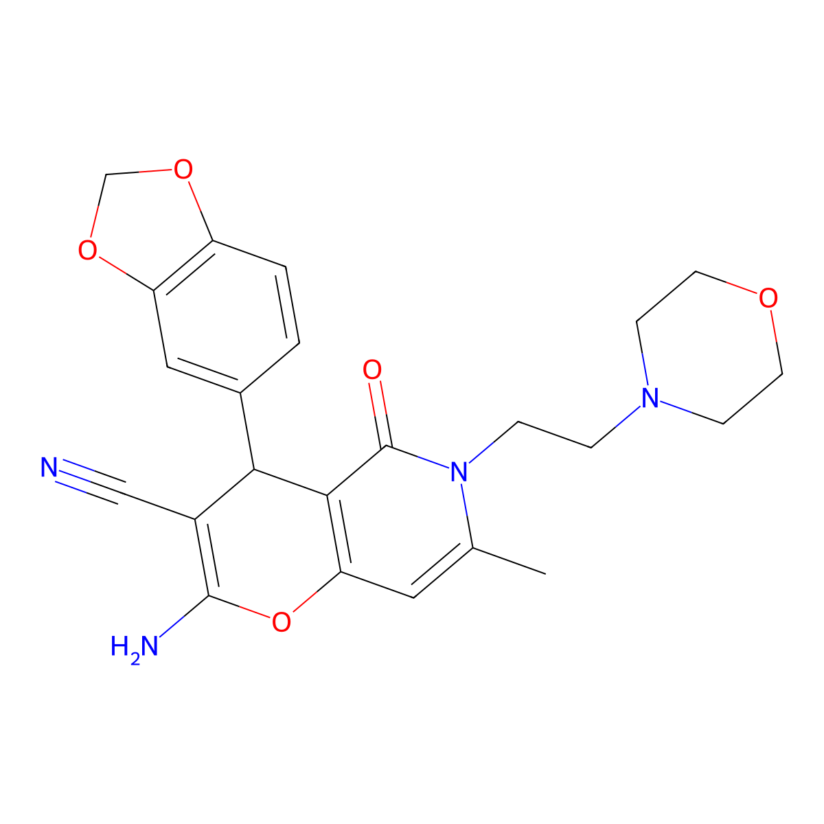 2-amino-4-(1,3-benzodioxol-5-yl)-7-methyl-6-[2-(morpholin-4-yl)ethyl]-5-oxo-5,6-dihydro-4H-pyrano[3,2-c]pyridine-3-carbonitrile molecular structure, CAS 758701-59-6