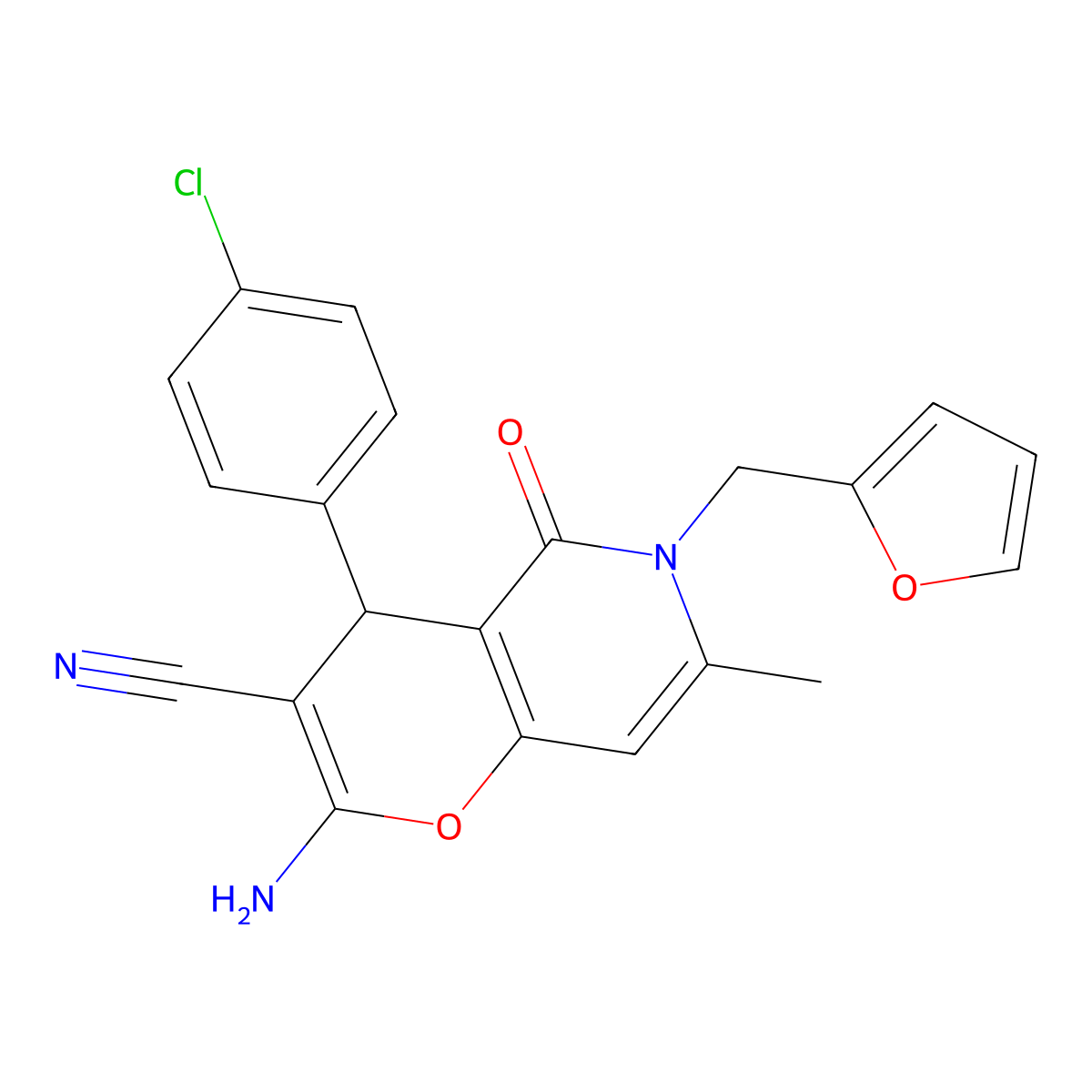 2-amino-4-(4-chlorophenyl)-6-(furan-2-ylmethyl)-7-methyl-5-oxo-5,6-dihydro-4H-pyrano[3,2-c]pyridine-3-carbonitrile molecular structure, CAS 758701-63-2