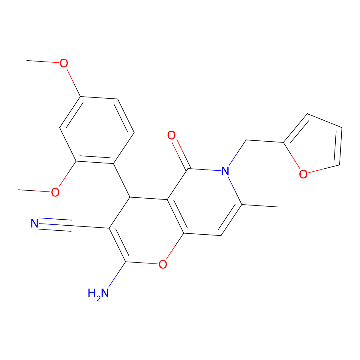 2-amino-4-(2,4-dimethoxyphenyl)-6-(furan-2-ylmethyl)-7-methyl-5-oxo-5,6-dihydro-4H-pyrano[3,2-c]pyridine-3-carbonitrile molecular structure, CAS 758701-72-3