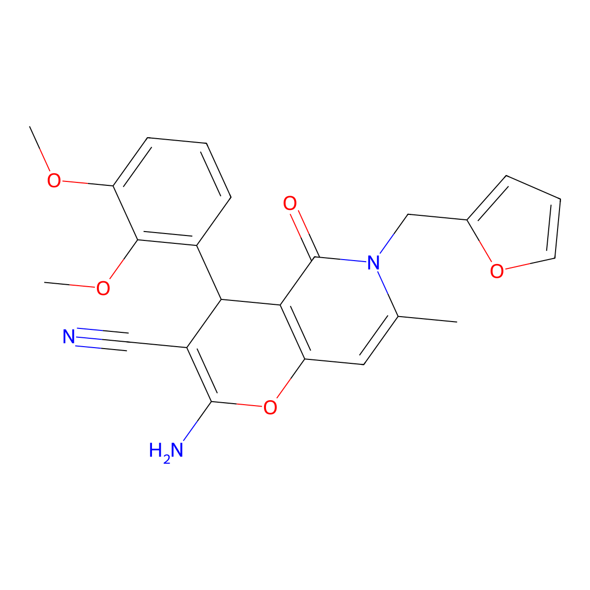 2-amino-4-(2,3-dimethoxyphenyl)-6-(furan-2-ylmethyl)-7-methyl-5-oxo-5,6-dihydro-4H-pyrano[3,2-c]pyridine-3-carbonitrile molecular structure, CAS 758701-74-5