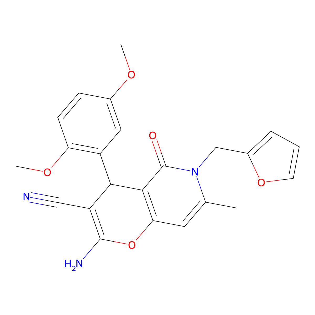 2-amino-4-(2,5-dimethoxyphenyl)-6-(furan-2-ylmethyl)-7-methyl-5-oxo-5,6-dihydro-4H-pyrano[3,2-c]pyridine-3-carbonitrile molecular structure, CAS 758701-78-9