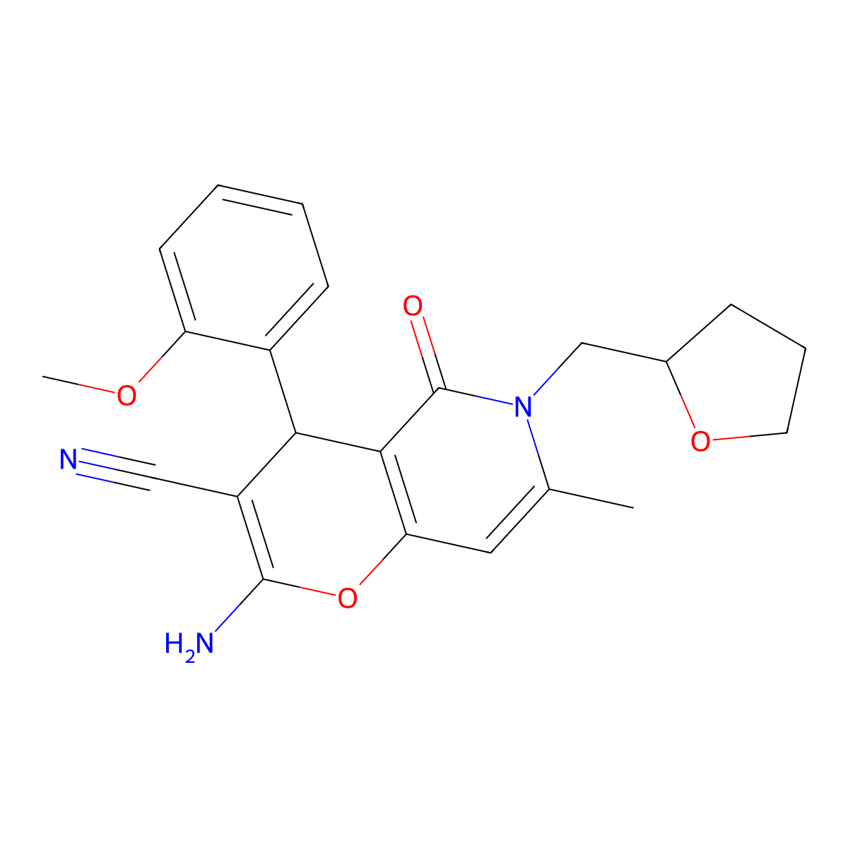 2-amino-4-(2-methoxyphenyl)-7-methyl-5-oxo-6-((tetrahydrofuran-2-yl)methyl)-5,6-dihydro-4H-pyrano[3,2-c]pyridine-3-carbonitrile molecular structure, CAS 758701-84-7
