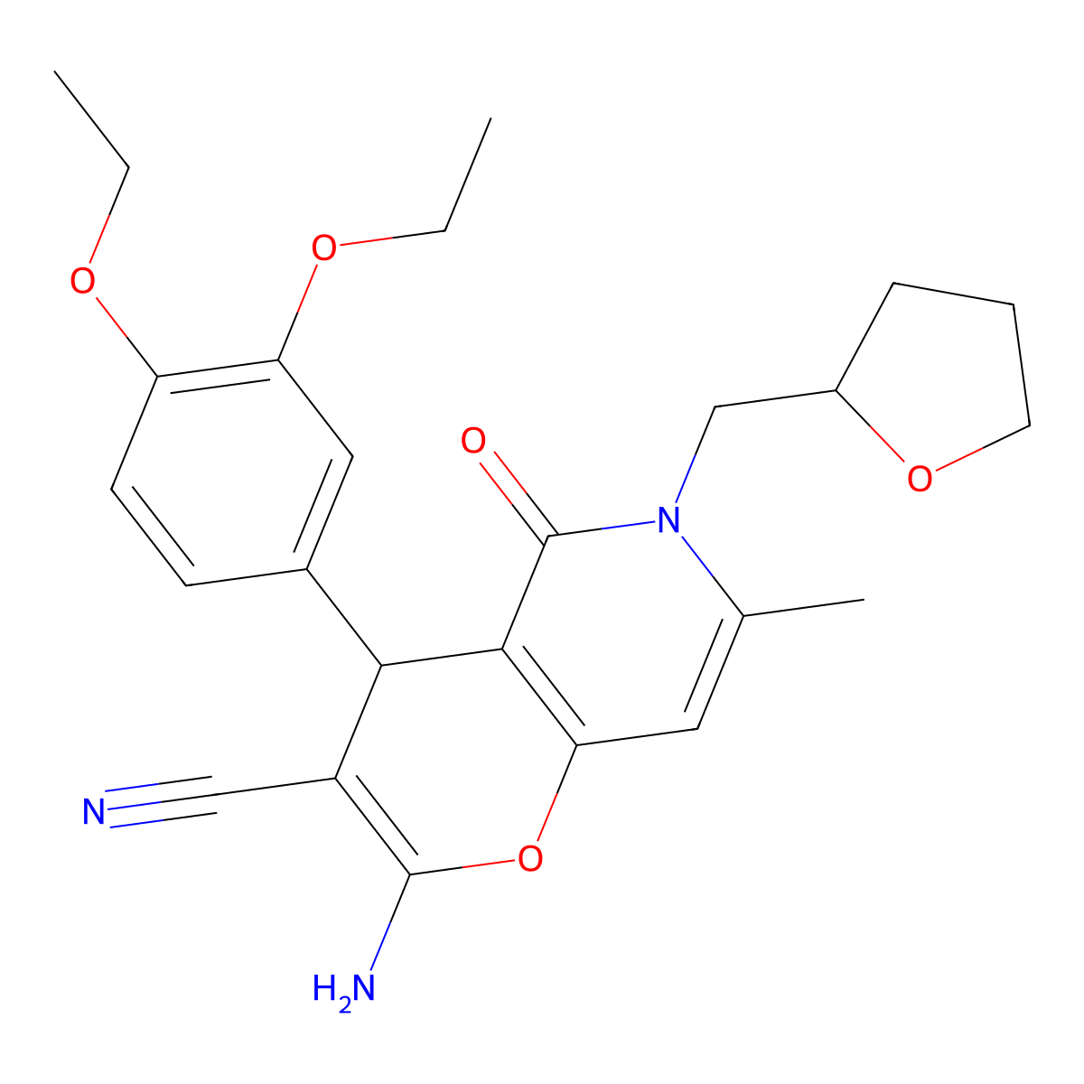 2-amino-4-(3,4-diethoxyphenyl)-7-methyl-5-oxo-6-((tetrahydrofuran-2-yl)methyl)-5,6-dihydro-4H-pyrano[3,2-c]pyridine-3-carbonitrile molecular structure, CAS 758701-88-1