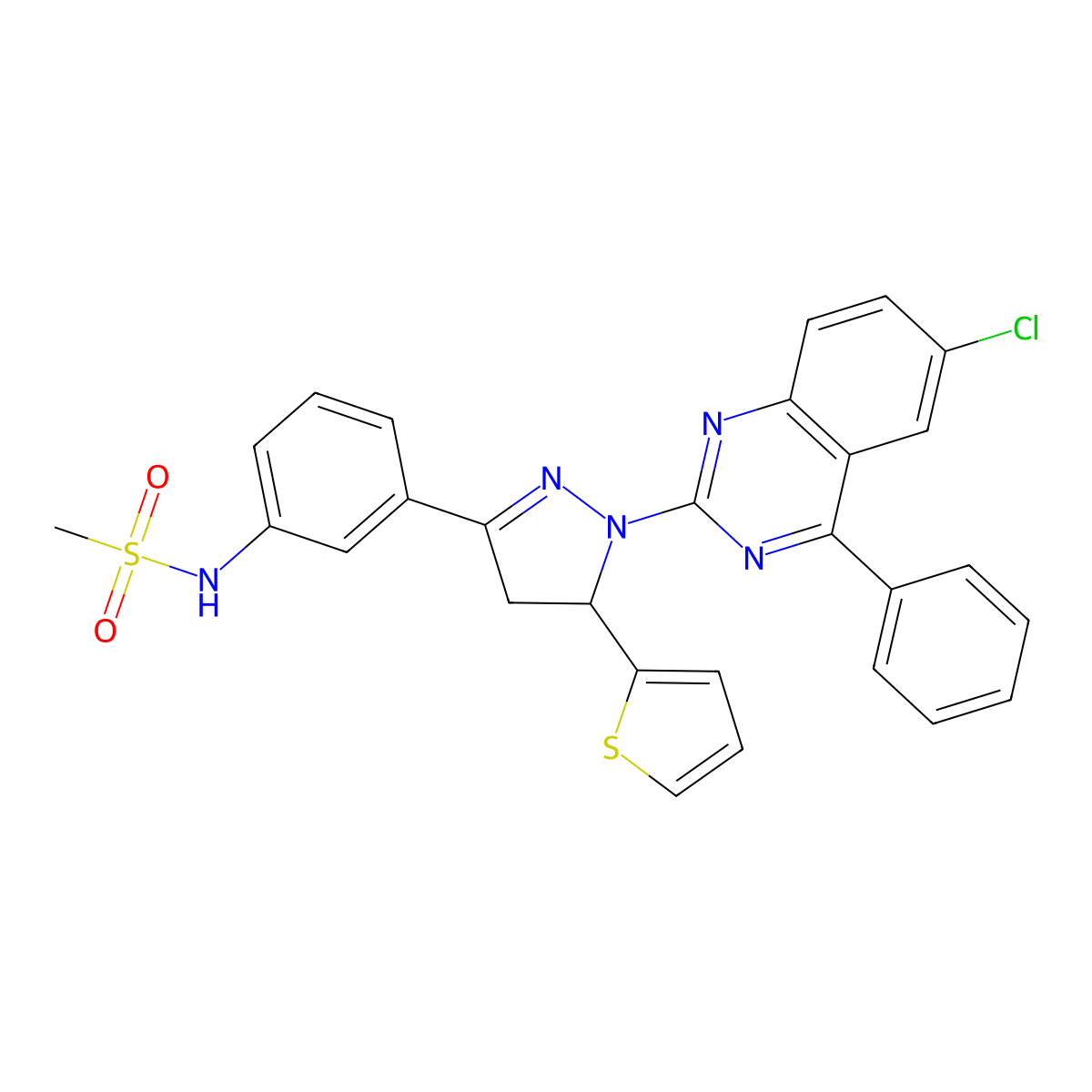 N-(3-(1-(6-chloro-4-phenylquinazolin-2-yl)-5-(thiophen-2-yl)-4,5-dihydro-1H-pyrazol-3-yl)phenyl)methanesulfonamide molecular structure, CAS 758702-15-7