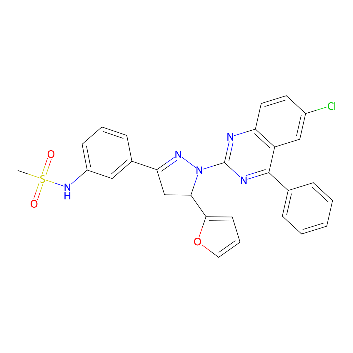N-(3-(1-(6-chloro-4-phenylquinazolin-2-yl)-5-(furan-2-yl)-4,5-dihydro-1H-pyrazol-3-yl)phenyl)methanesulfonamide molecular structure, CAS 758702-18-0