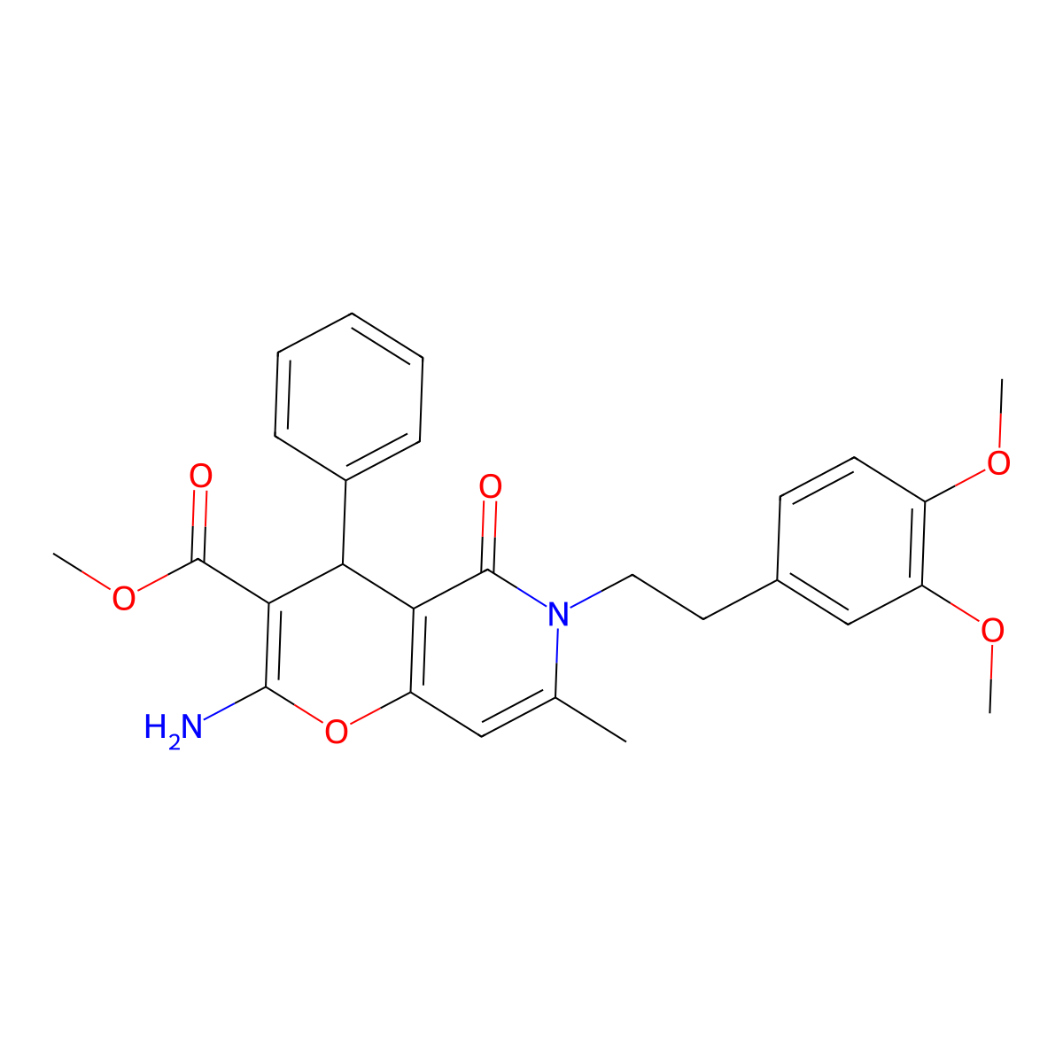 methyl 2-amino-6-(3,4-dimethoxyphenethyl)-7-methyl-5-oxo-4-phenyl-5,6-dihydro-4H-pyrano[3,2-c]pyridine-3-carboxylate molecular structure, CAS 758702-23-7