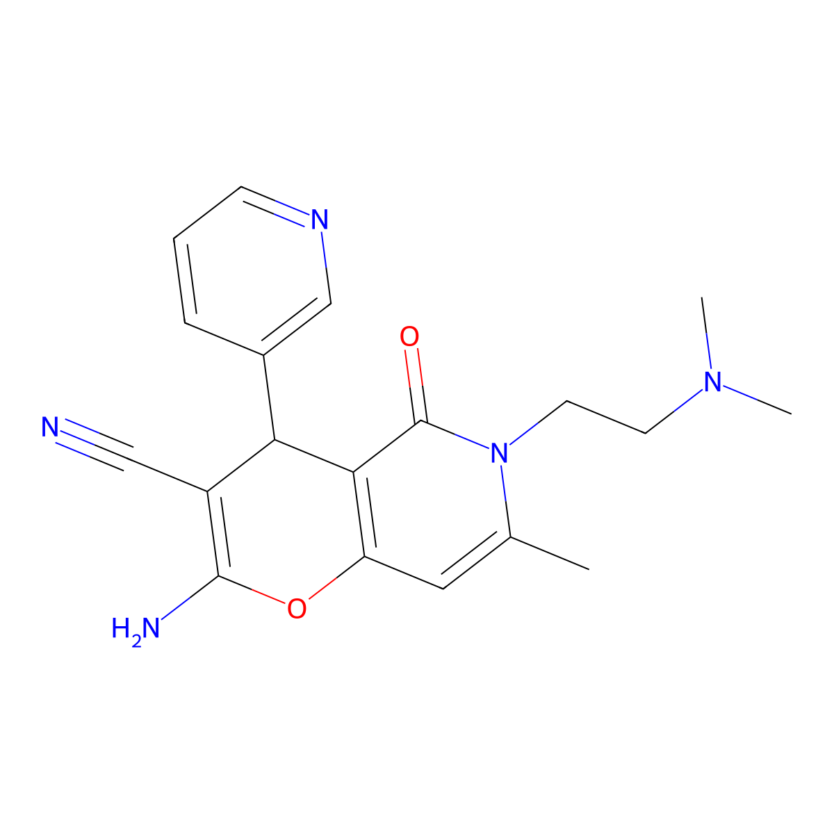 2-amino-6-(2-(dimethylamino)ethyl)-7-methyl-5-oxo-4-(pyridin-3-yl)-5,6-dihydro-4H-pyrano[3,2-c]pyridine-3-carbonitrile molecular structure, CAS 758702-29-3