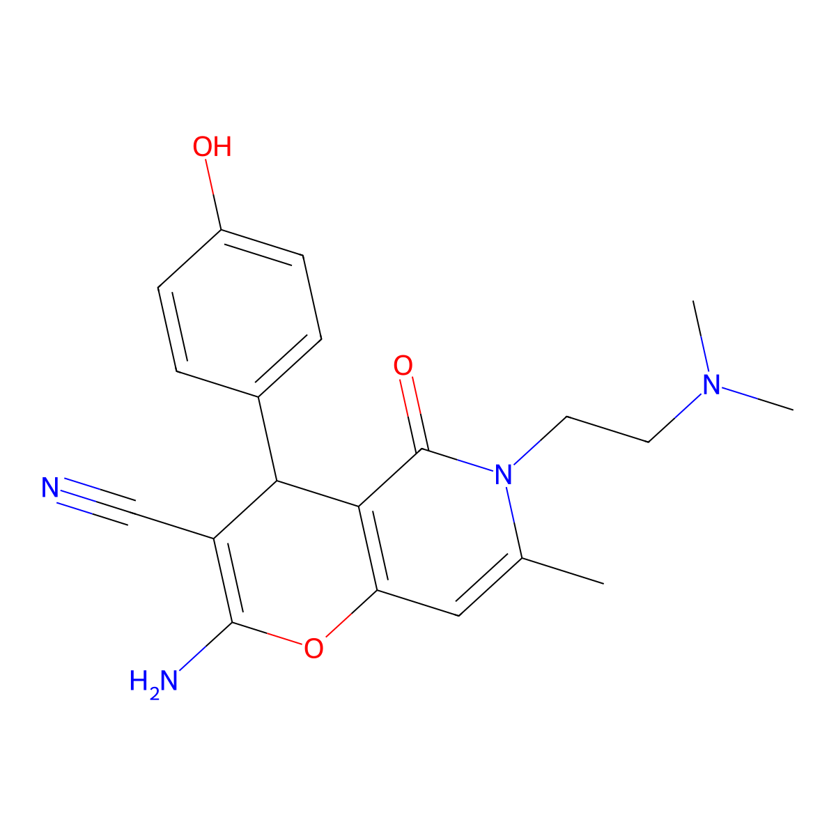 2-amino-6-(2-(dimethylamino)ethyl)-4-(4-hydroxyphenyl)-7-methyl-5-oxo-5,6-dihydro-4H-pyrano[3,2-c]pyridine-3-carbonitrile molecular structure, CAS 758702-31-7