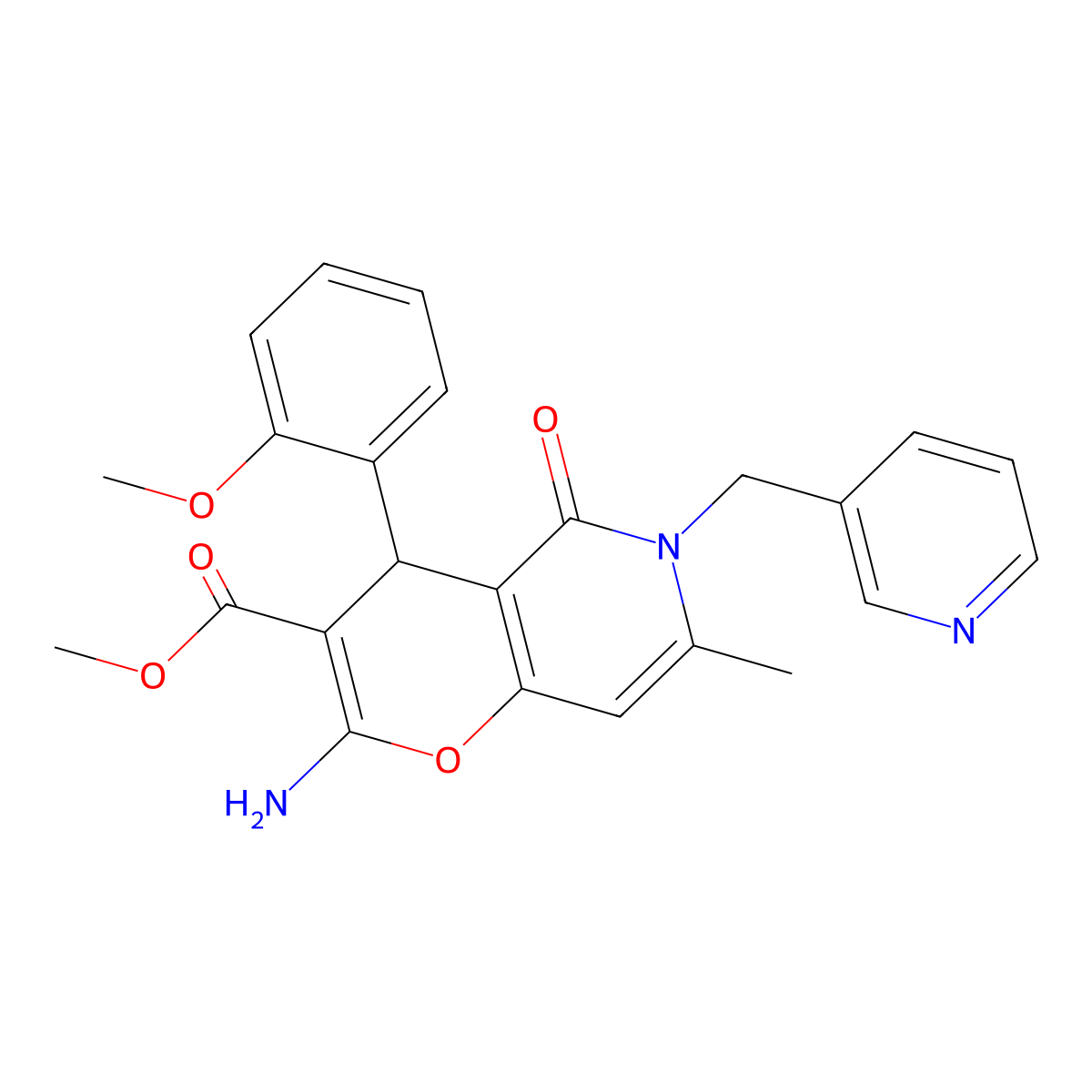 methyl 2-amino-4-(2-methoxyphenyl)-7-methyl-5-oxo-6-(pyridin-3-ylmethyl)-5,6-dihydro-4H-pyrano[3,2-c]pyridine-3-carboxylate molecular structure, CAS 758702-35-1