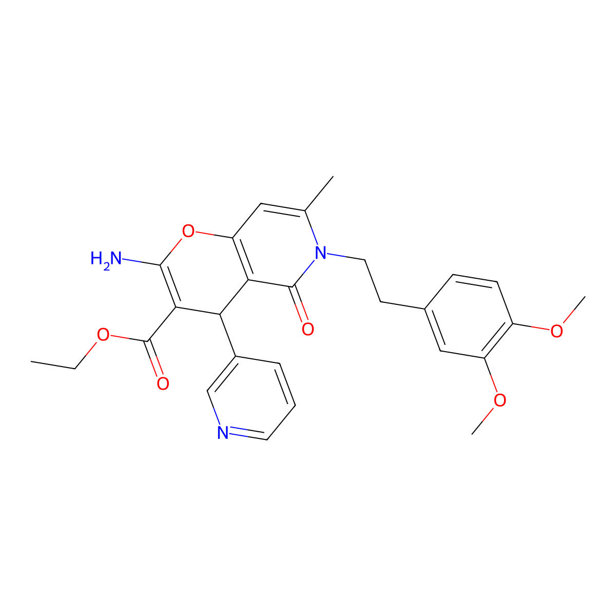 ethyl 2-amino-6-(3,4-dimethoxyphenethyl)-7-methyl-5-oxo-4-(pyridin-3-yl)-5,6-dihydro-4H-pyrano[3,2-c]pyridine-3-carboxylate molecular structure, CAS 758702-45-3