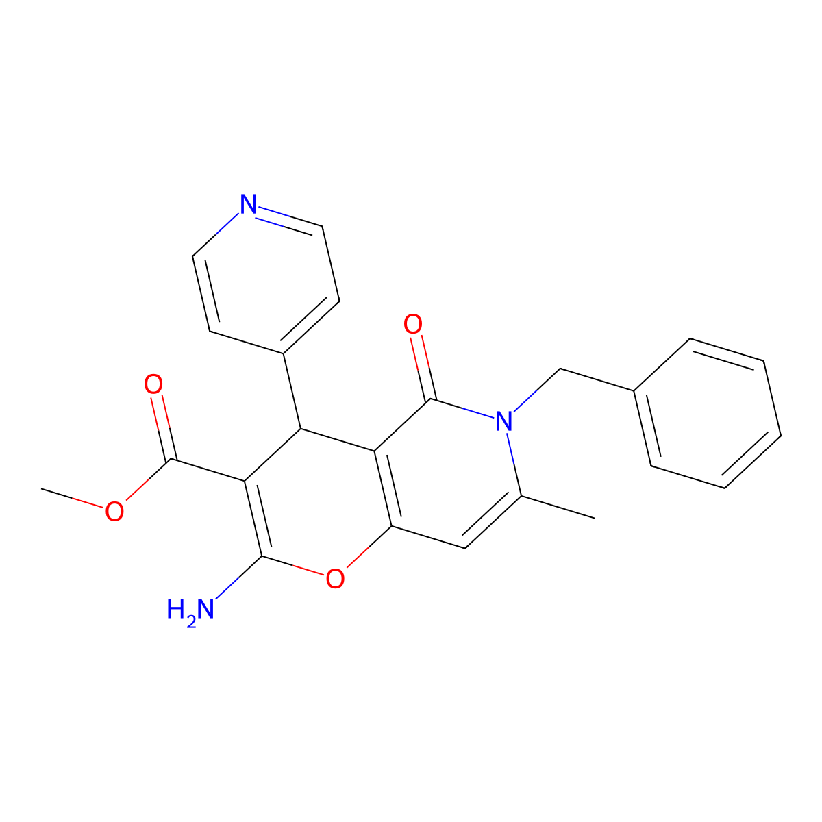 methyl 2-amino-6-benzyl-7-methyl-5-oxo-4-(pyridin-4-yl)-5,6-dihydro-4H-pyrano[3,2-c]pyridine-3-carboxylate molecular structure, CAS 758702-51-1
