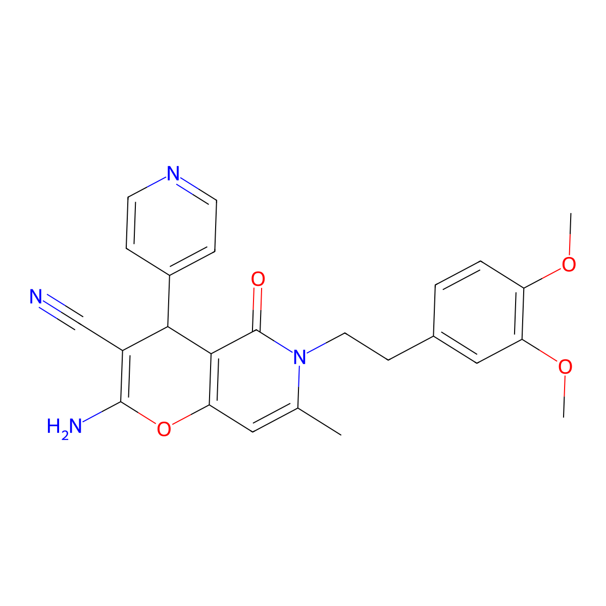 2-amino-6-(3,4-dimethoxyphenethyl)-7-methyl-5-oxo-4-(pyridin-4-yl)-5,6-dihydro-4H-pyrano[3,2-c]pyridine-3-carbonitrile molecular structure, CAS 758702-57-7