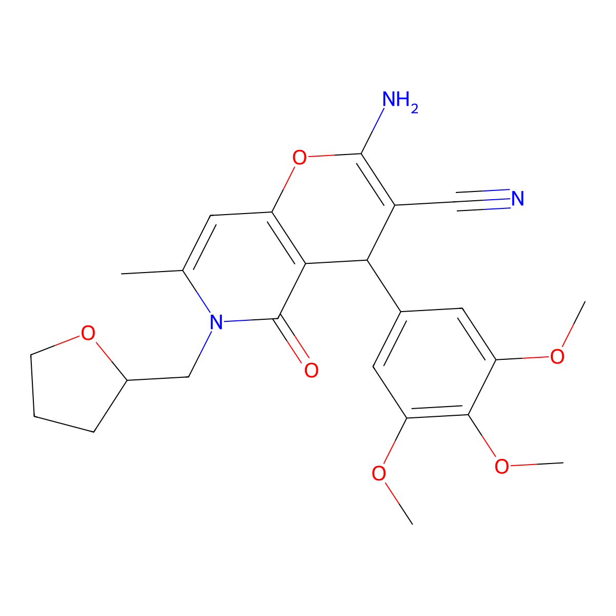 2-amino-7-methyl-5-oxo-6-((tetrahydrofuran-2-yl)methyl)-4-(3,4,5-trimethoxyphenyl)-5,6-dihydro-4H-pyrano[3,2-c]pyridine-3-carbonitrile molecular structure, CAS 758702-61-3