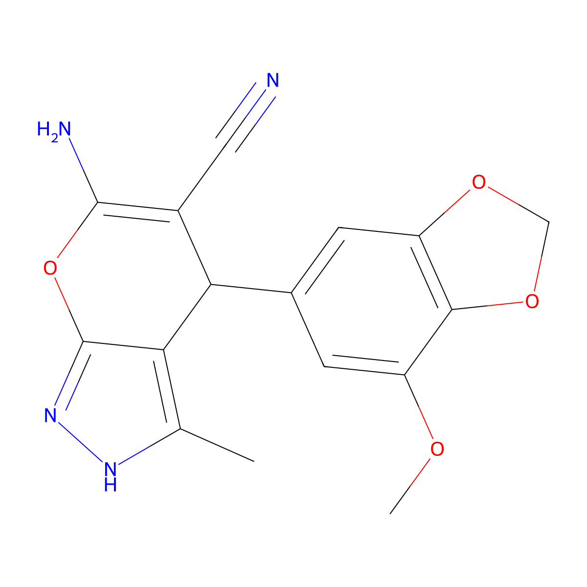 6-Amino-4-(7-methoxy-1,3-benzodioxol-5-yl)-3-methyl-1,4-dihydropyrano[2,3-c]pyrazole-5-carbonitrile molecular structure, CAS 758702-71-5
