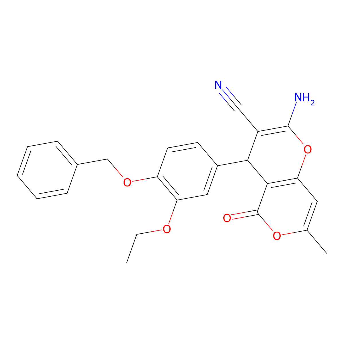 2-Amino-4-(4-(benzyloxy)-3-ethoxyphenyl)-7-methyl-5-oxo-4,5-dihydropyrano[4,3-b]pyran-3-carbonitrile molecular structure, CAS 758703-52-5