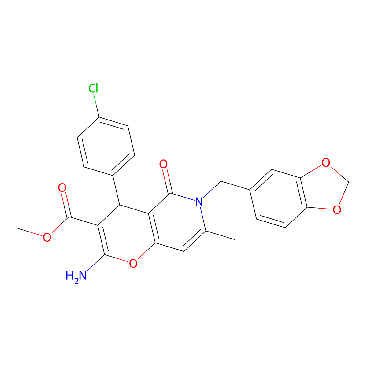 methyl 2-amino-6-(1,3-benzodioxol-5-ylmethyl)-4-(4-chlorophenyl)-7-methyl-5-oxo-5,6-dihydro-4H-pyrano[3,2-c]pyridine-3-carboxylate molecular structure, CAS 758703-61-6