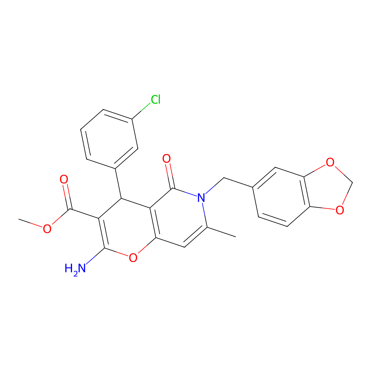 methyl 2-amino-6-(1,3-benzodioxol-5-ylmethyl)-4-(3-chlorophenyl)-7-methyl-5-oxo-5,6-dihydro-4H-pyrano[3,2-c]pyridine-3-carboxylate molecular structure, CAS 758703-67-2