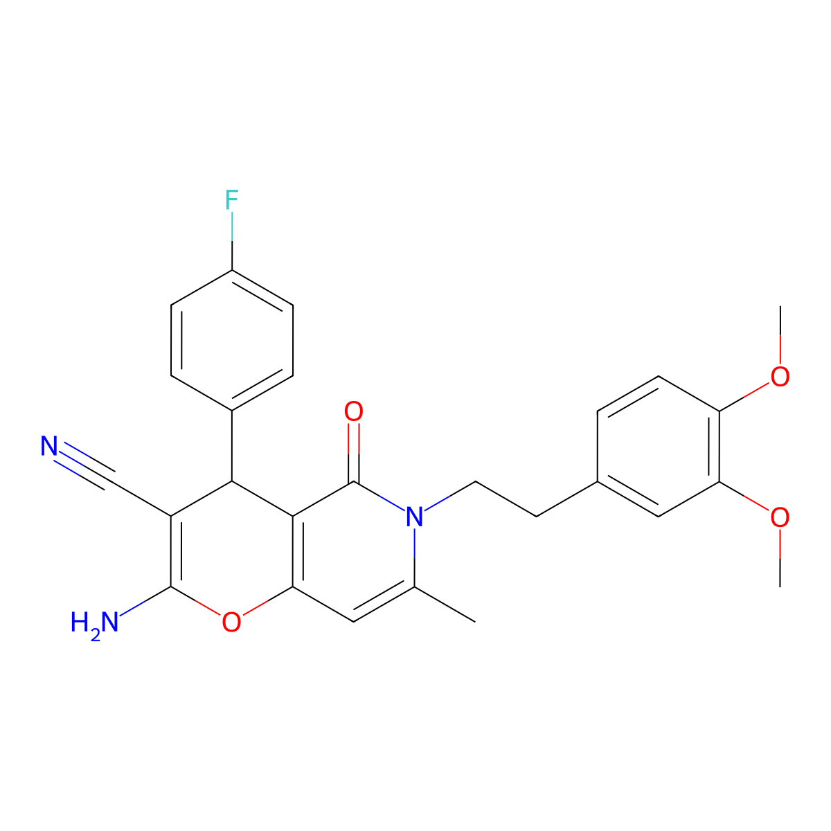 2-amino-6-(3,4-dimethoxyphenethyl)-4-(4-fluorophenyl)-7-methyl-5-oxo-5,6-dihydro-4H-pyrano[3,2-c]pyridine-3-carbonitrile molecular structure, CAS 758703-74-1