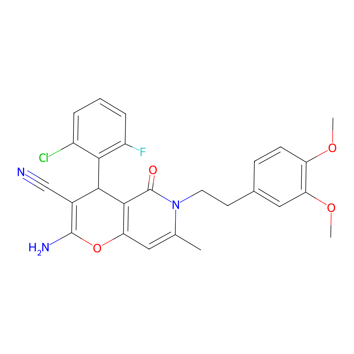 2-amino-4-(2-chloro-6-fluorophenyl)-6-(3,4-dimethoxyphenethyl)-7-methyl-5-oxo-5,6-dihydro-4H-pyrano[3,2-c]pyridine-3-carbonitrile molecular structure, CAS 758703-82-1
