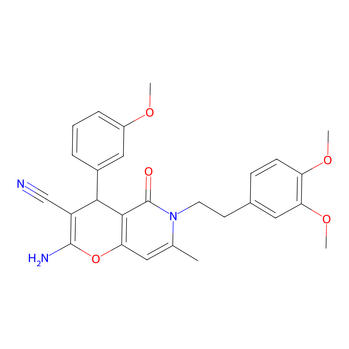 2-amino-6-(3,4-dimethoxyphenethyl)-4-(3-methoxyphenyl)-7-methyl-5-oxo-5,6-dihydro-4H-pyrano[3,2-c]pyridine-3-carbonitrile molecular structure, CAS 758703-84-3