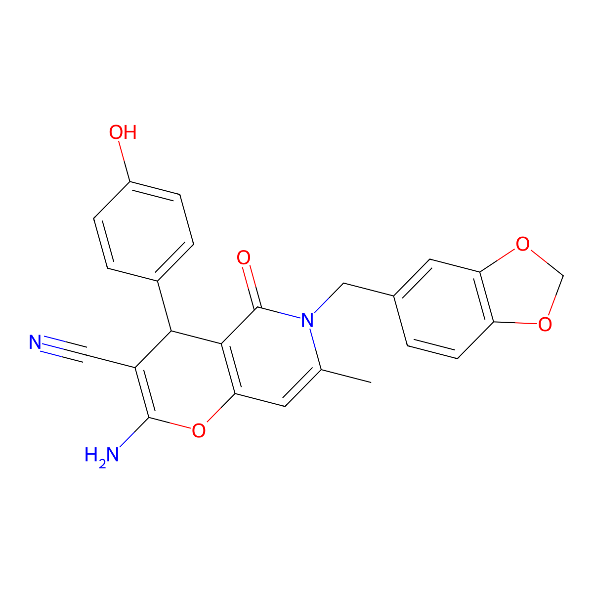 2-amino-6-(1,3-benzodioxol-5-ylmethyl)-4-(4-hydroxyphenyl)-7-methyl-5-oxo-5,6-dihydro-4H-pyrano[3,2-c]pyridine-3-carbonitrile molecular structure, CAS 758704-16-4