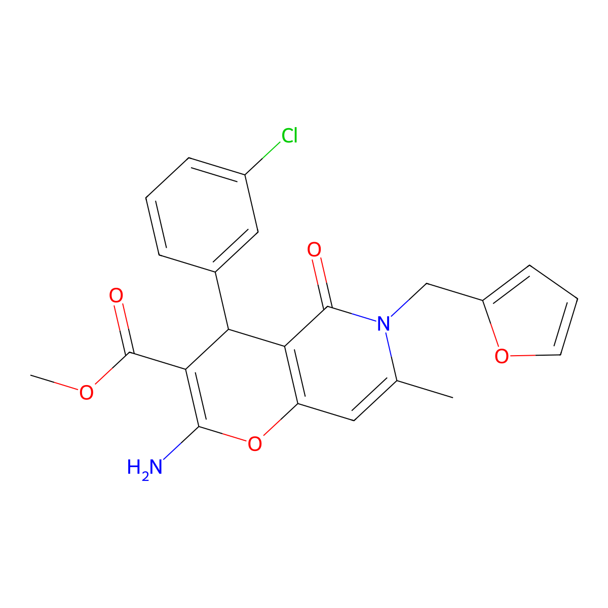 2-amino-4-(3-chlorophenyl)-6-(2-furanylmethyl)-7-methyl-5-oxo-4H-pyrano[3,2-c]pyridine-3-carboxylic acid methyl ester molecular structure, CAS 758704-33-5