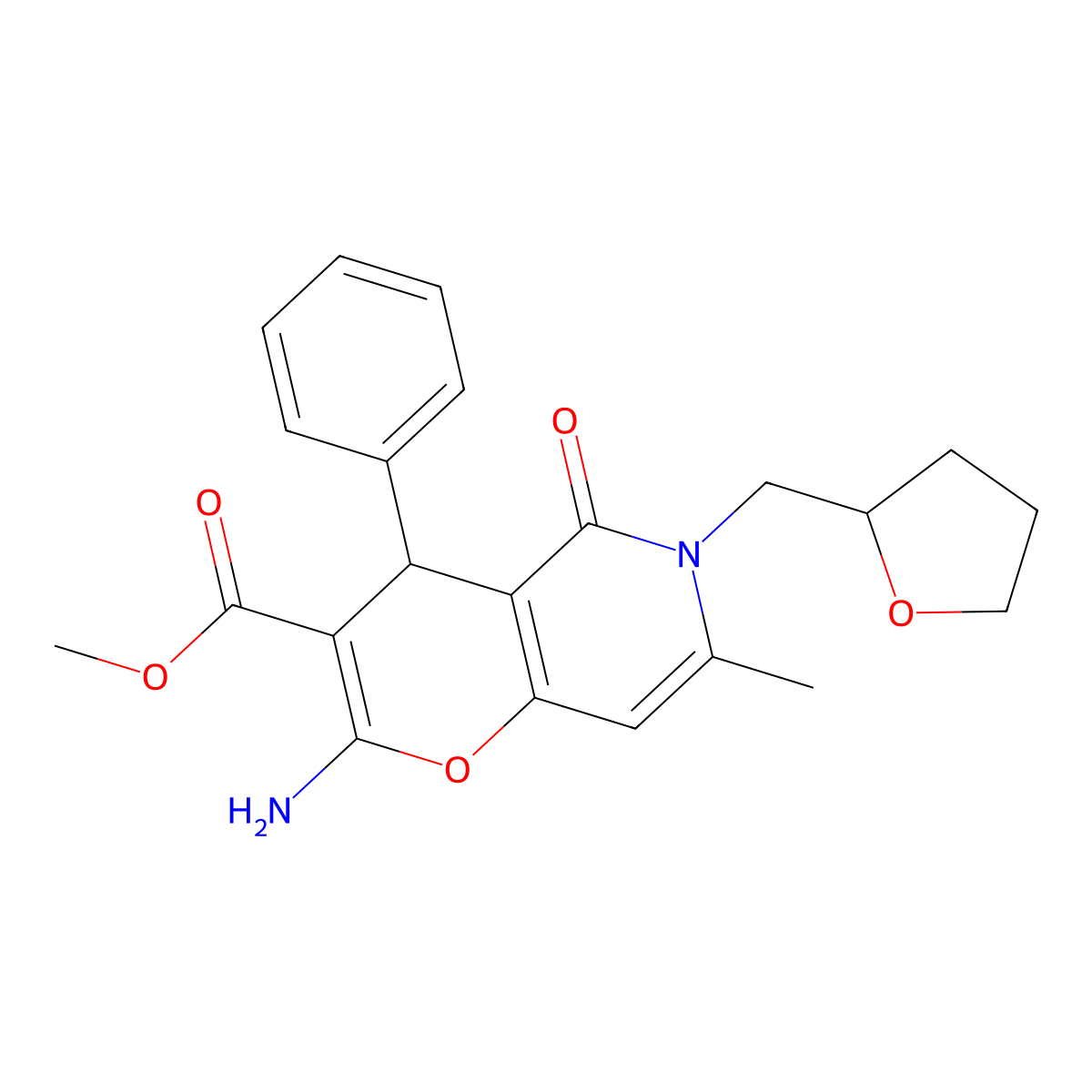 methyl 2-amino-7-methyl-5-oxo-4-phenyl-6-(tetrahydrofuran-2-ylmethyl)-5,6-dihydro-4H-pyrano[3,2-c]pyridine-3-carboxylate molecular structure, CAS 758704-43-7