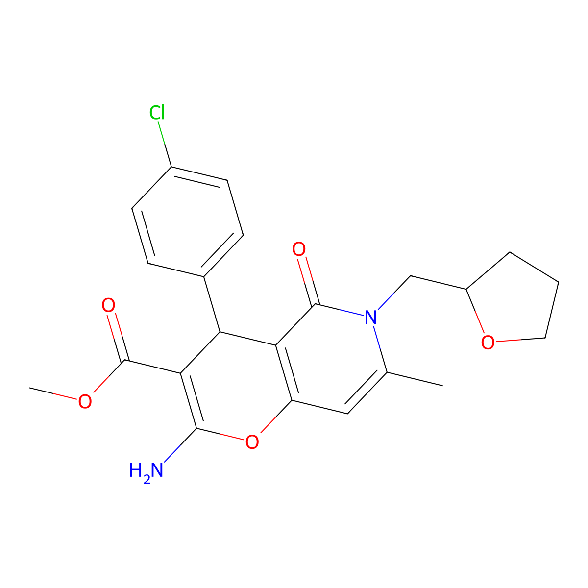 methyl 2-amino-4-(4-chlorophenyl)-7-methyl-5-oxo-6-((tetrahydrofuran-2-yl)methyl)-5,6-dihydro-4H-pyrano[3,2-c]pyridine-3-carboxylate molecular structure, CAS 758704-44-8