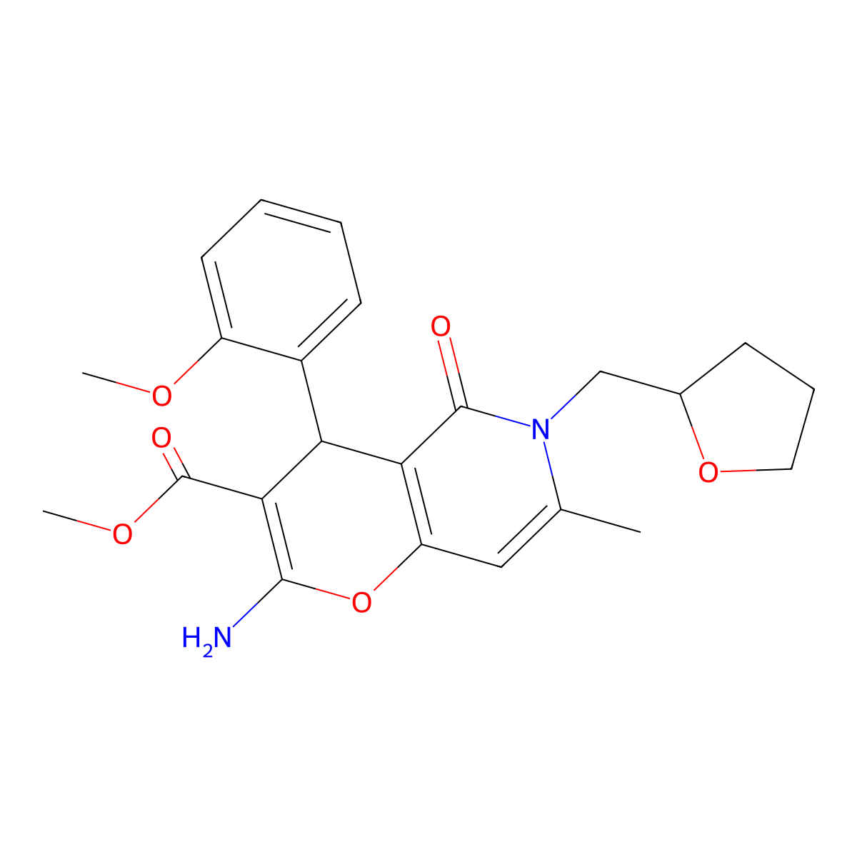 methyl 2-amino-4-(2-methoxyphenyl)-7-methyl-5-oxo-6-((tetrahydrofuran-2-yl)methyl)-5,6-dihydro-4H-pyrano[3,2-c]pyridine-3-carboxylate molecular structure, CAS 758704-47-1