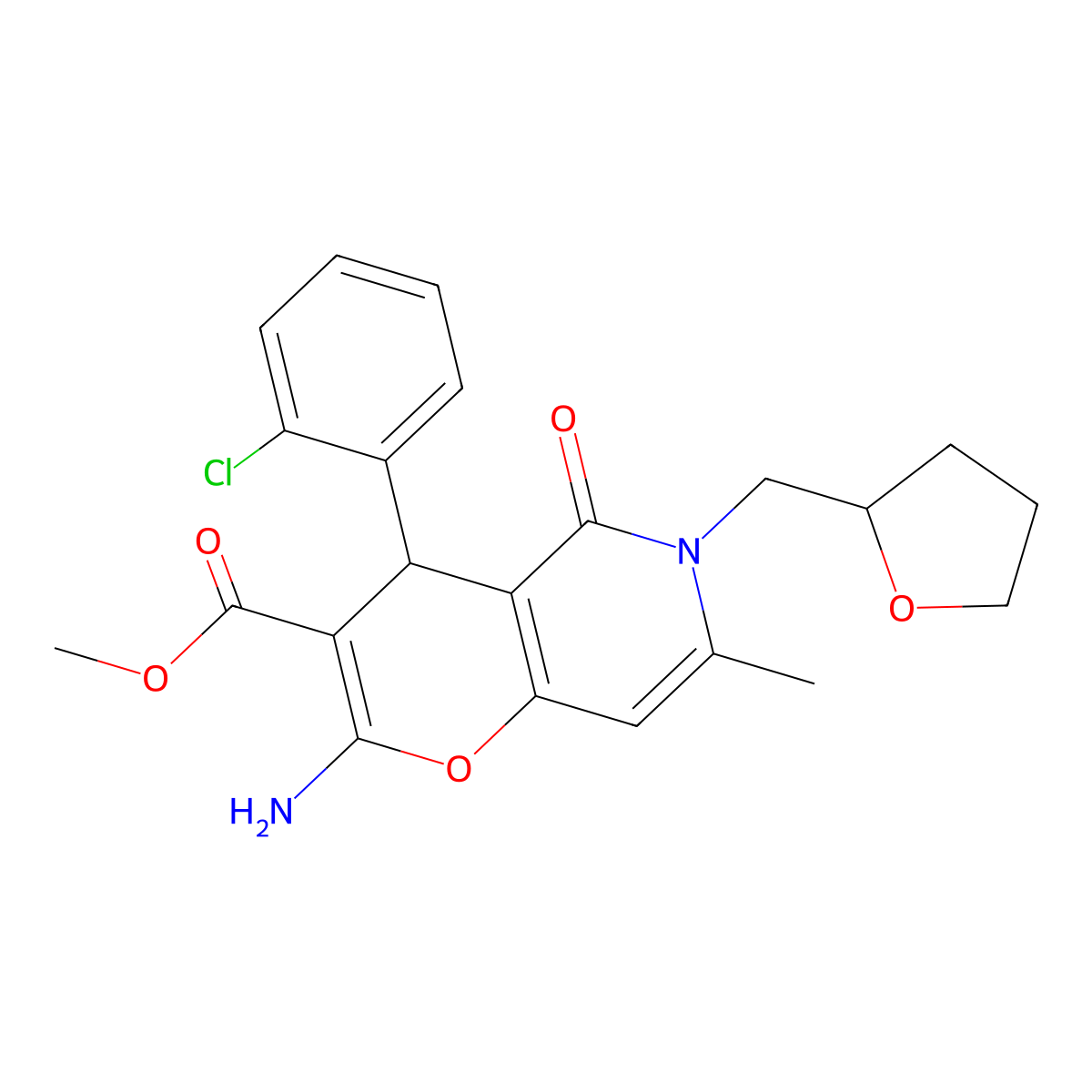 methyl 2-amino-4-(2-chlorophenyl)-7-methyl-5-oxo-6-(oxolan-2-ylmethyl)-4H-pyrano[3,2-c]pyridine-3-carboxylate molecular structure, CAS 758704-48-2