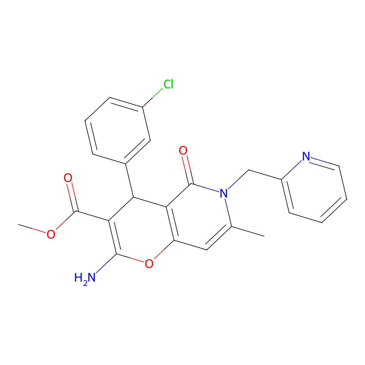 methyl 2-amino-4-(3-chlorophenyl)-7-methyl-5-oxo-6-(pyridin-2-ylmethyl)-5,6-dihydro-4H-pyrano[3,2-c]pyridine-3-carboxylate molecular structure, CAS 758704-49-3