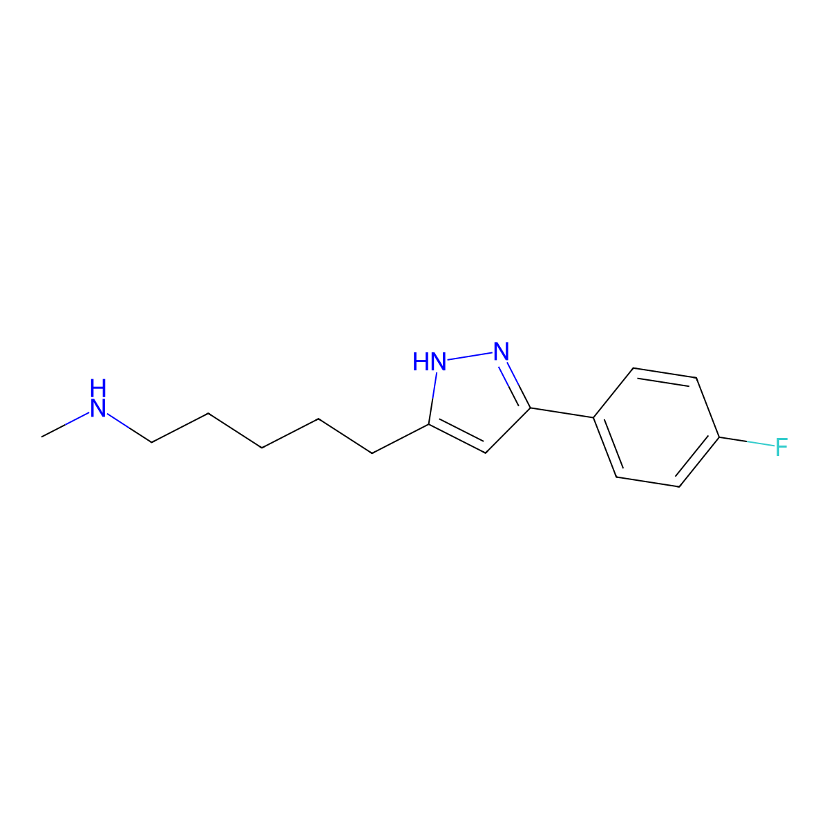 {5-[5-(4-fluorophenyl)-1H-pyrazol-3-yl]pentyl}(methyl)amine molecular structure, CAS 75876-21-0