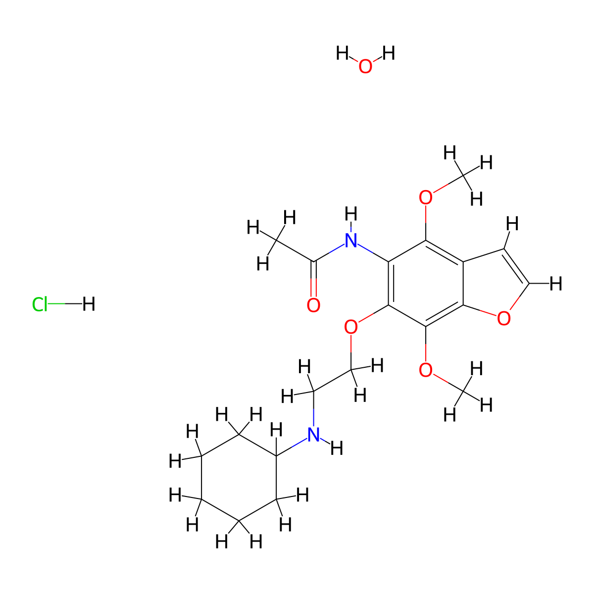 Acetamide, N-(4,7-dimethoxy-6-(2-(cyclohexylamino)ethoxy)-5-benzofuranyl)-, hydrochloride, hydrate molecular structure, CAS 75883-40-8
