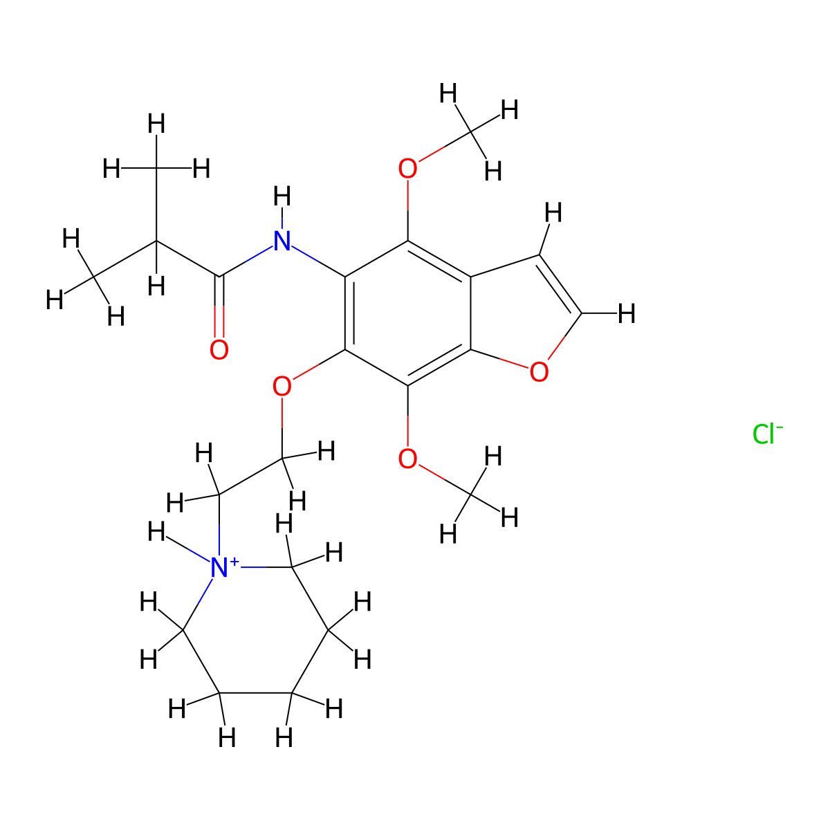 Isobutyramide, N-(4,7-dimethoxy-6-(2-piperidinoethoxy)-5-benzofuranyl)-, hydrochloride, hydrate molecular structure, CAS 75883-44-2